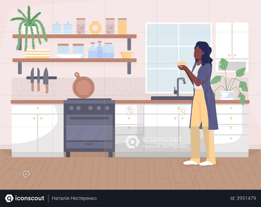 Girl having tea in the kitchen  Illustration