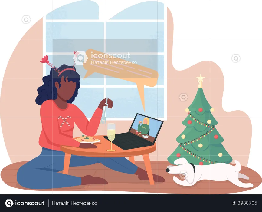 Girl having virtual christmas dinner  Illustration