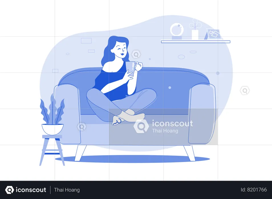 Girl Heaving Coffee And Relaxing On The Sofa  Illustration