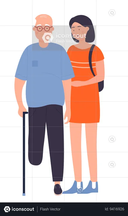 Girl helping handicap aged man  Illustration