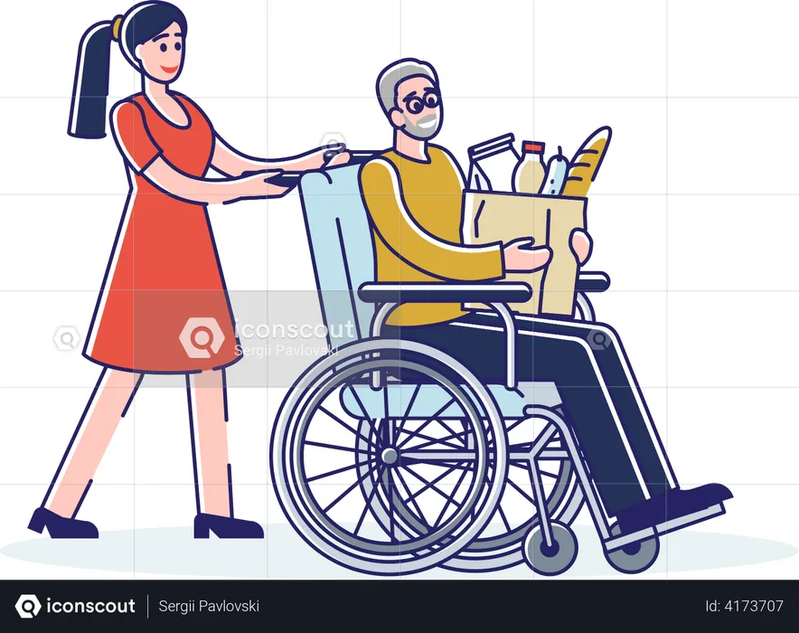 Girl helping handicapped old man in wheelchair with groceries  Illustration