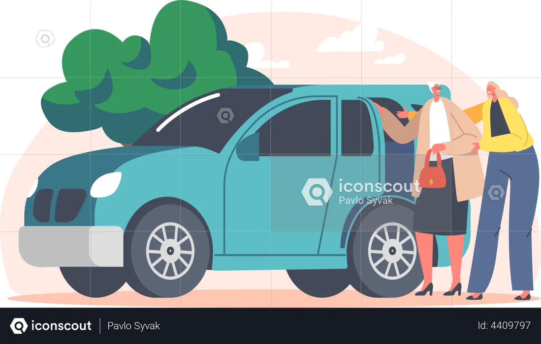 Girl helping old woman getting into car  Illustration
