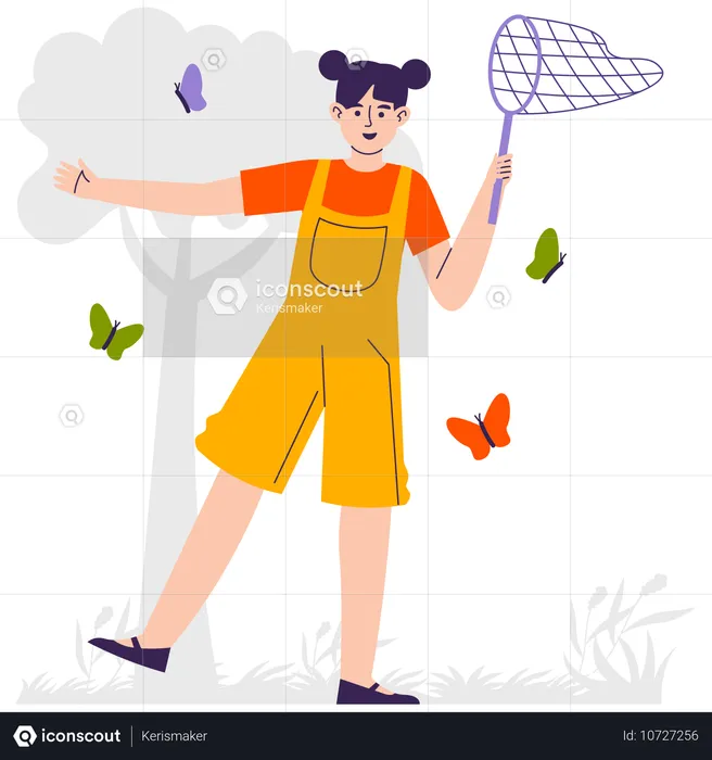 Girl Hold Net And Playing with Butterfly  Illustration