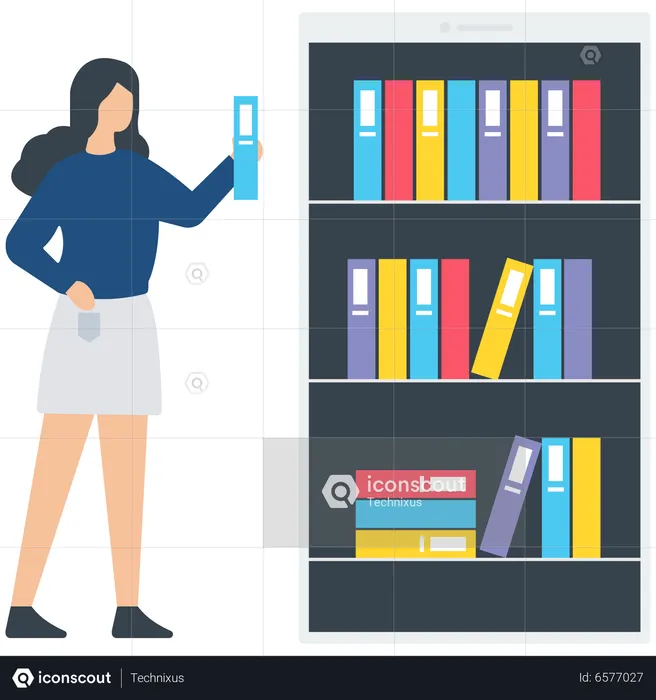 Girl holding a book and stand near the Book library  Illustration