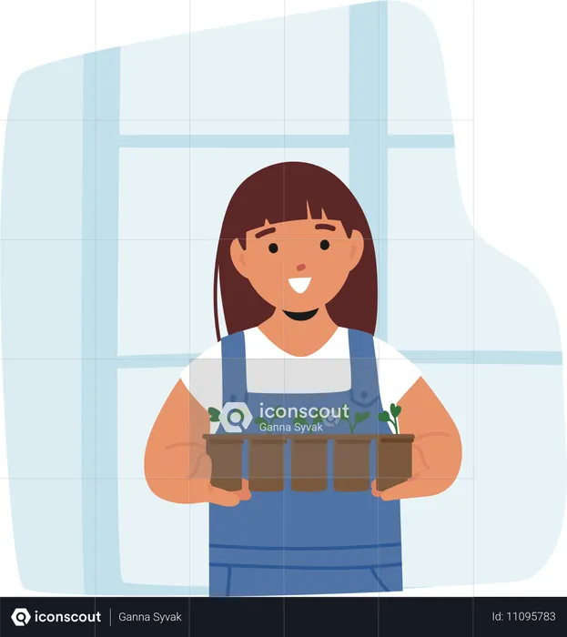 Girl Holding A Potted Plant Seedlings  Illustration