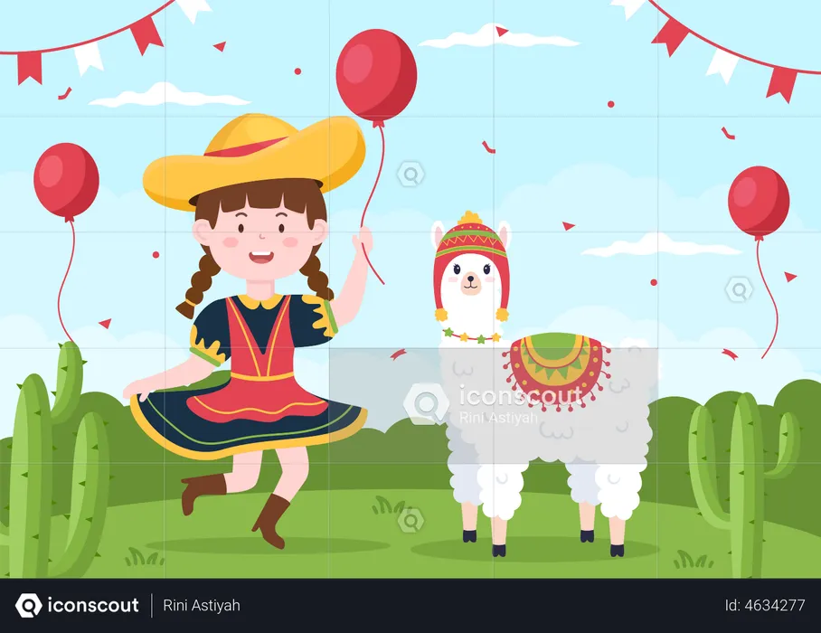 Girl holding balloon and celebrate independence day  Illustration