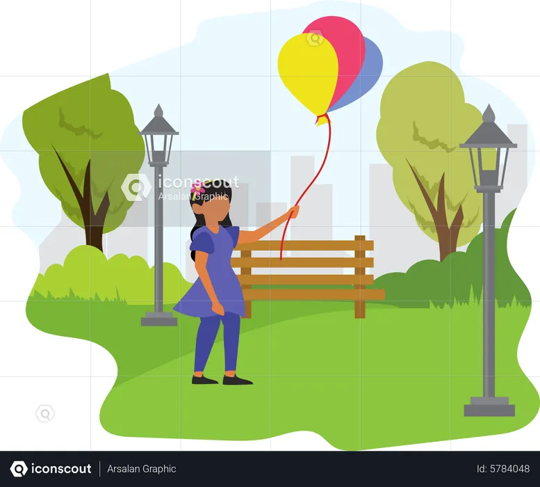 Girl holding balloons at park  Illustration