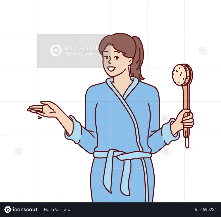 Girl holding body scrubber while going for bath  Illustration