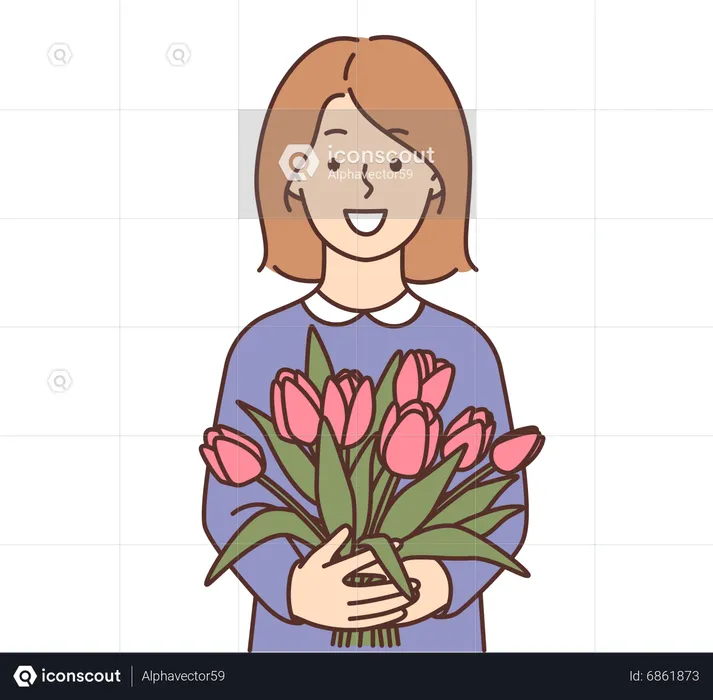 Girl holding bunch of flowers  Illustration