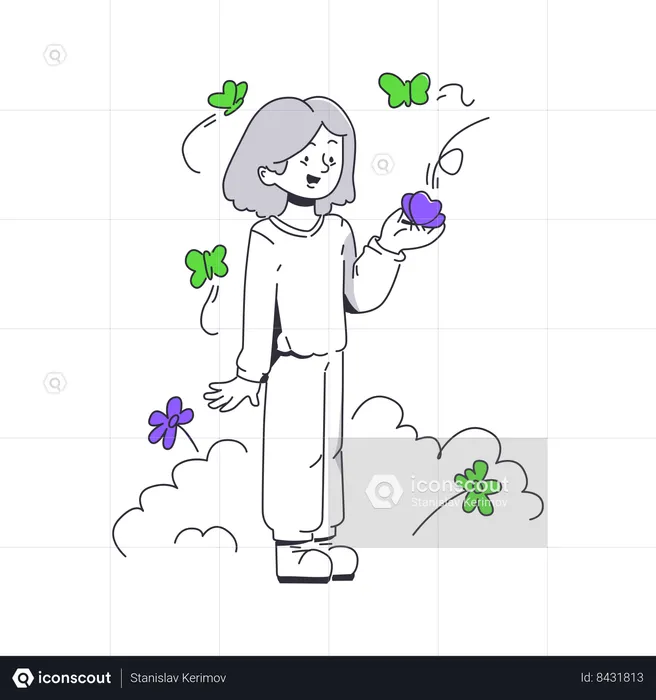 Girl holding butterfly on palm of hand  Illustration
