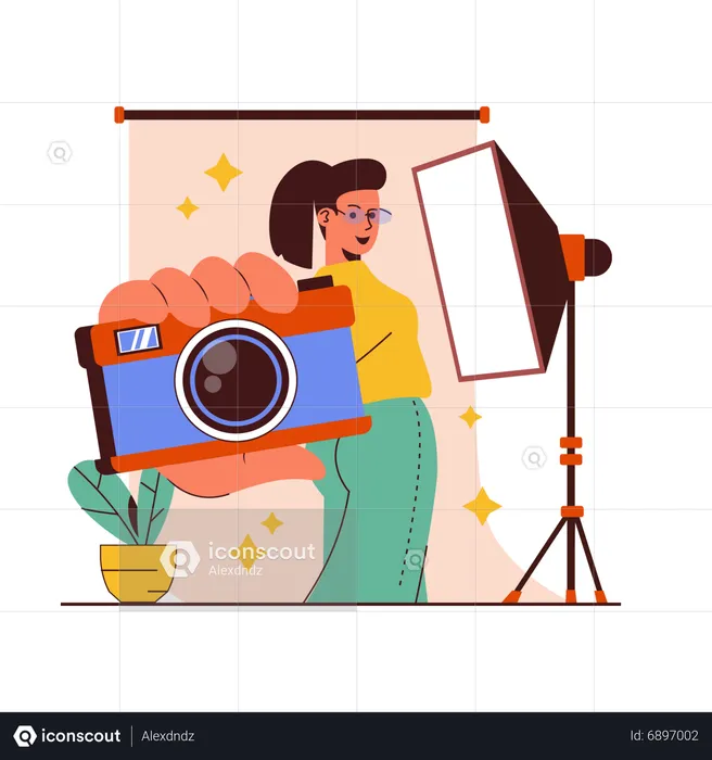 Girl holding camera in photo studio  Illustration