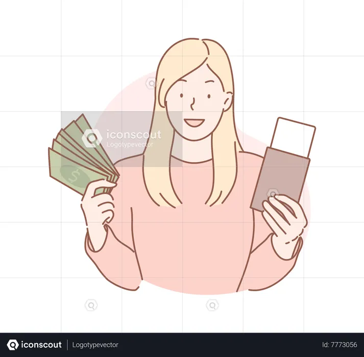 Girl holding cash and passport  Illustration