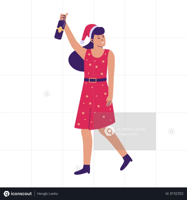 Girl holding champagne bottle  Illustration