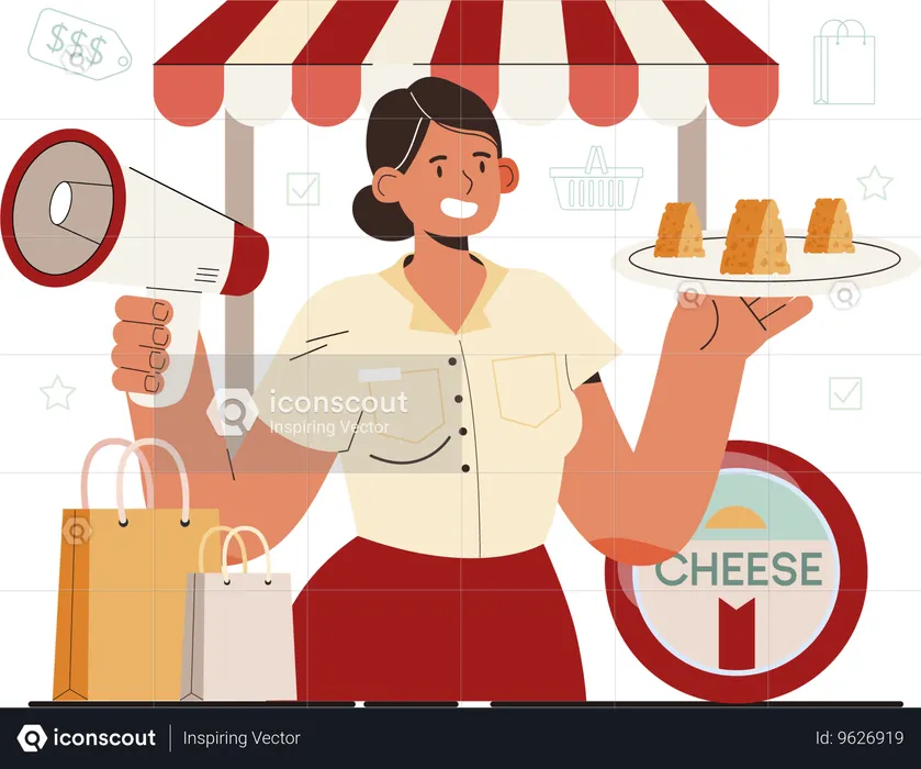 Girl holding cheese piece plate while promoting product  Illustration