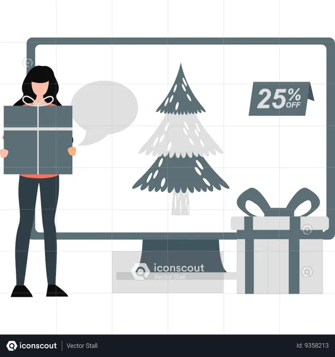 Girl holding christmas gift near monitor  Illustration