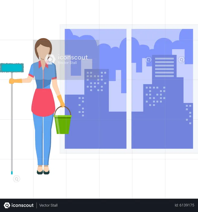 Girl holding cleaning brush and a bucket  Illustration