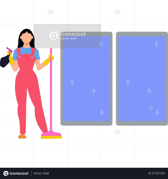 Girl holding cleaning brush and a shower  Illustration