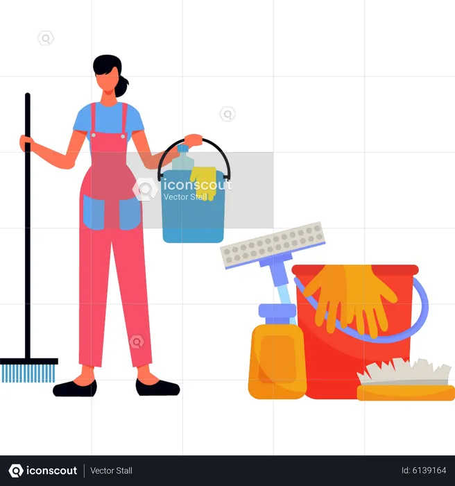 Girl holding cleaning bucket and a brush  Illustration