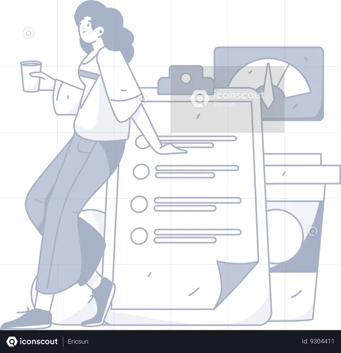 Girl holding coffee while looking performance report  Illustration