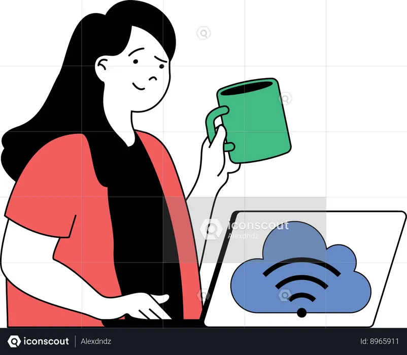 Girl holding coffee while working on cloud computing  Illustration