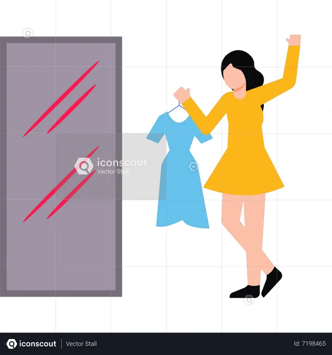 Girl holding dress and looking in mirror  Illustration