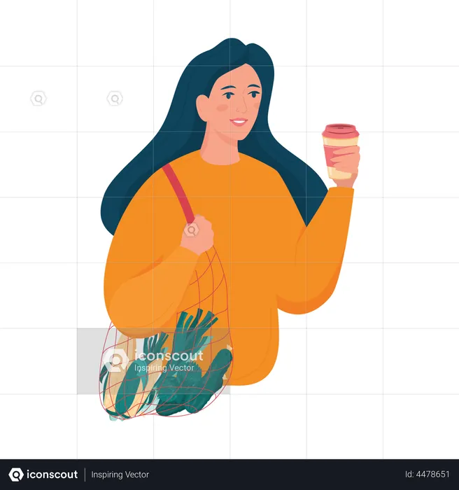 Girl holding eco bag and reusable coffee cup  Illustration