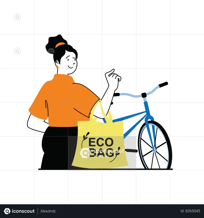 Girl holding eco bag with bicycle  Illustration