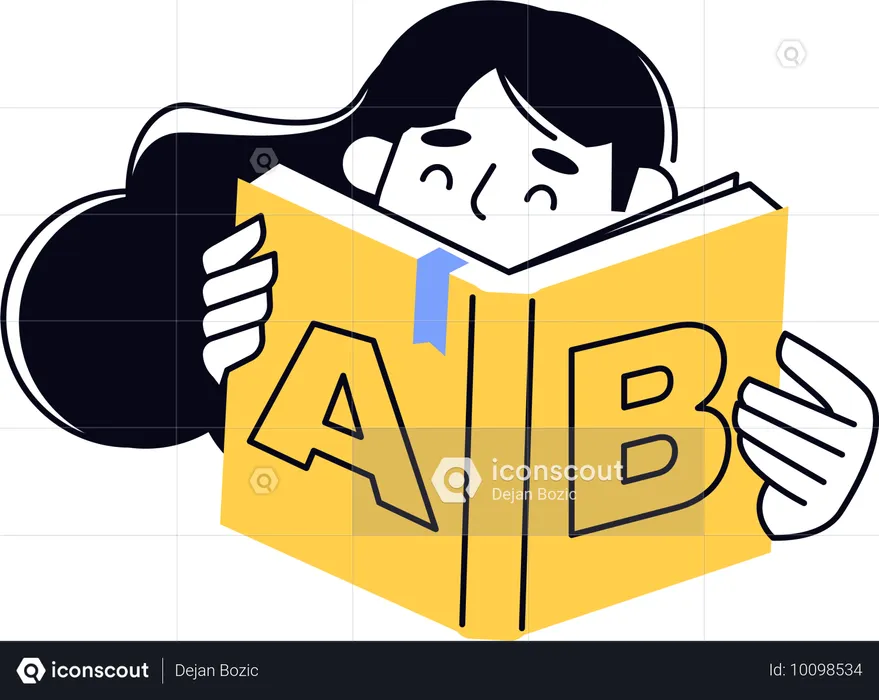 Girl holding english book while reading book  Illustration