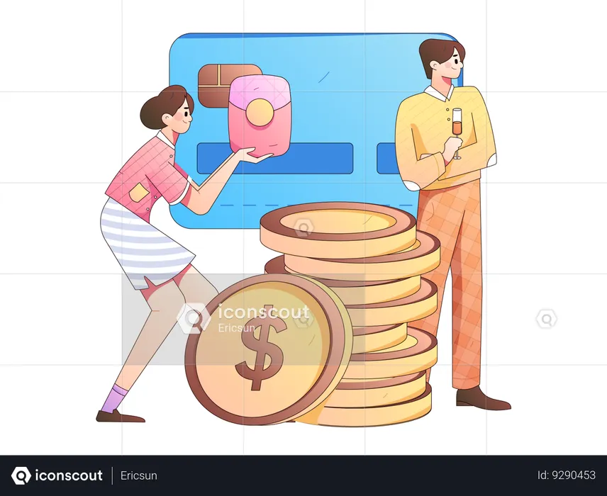 Girl holding financial envelope while man standing with wine glass  Illustration