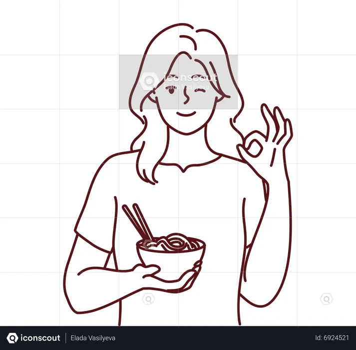 Girl holding food bowl and showing nice gesture  Illustration