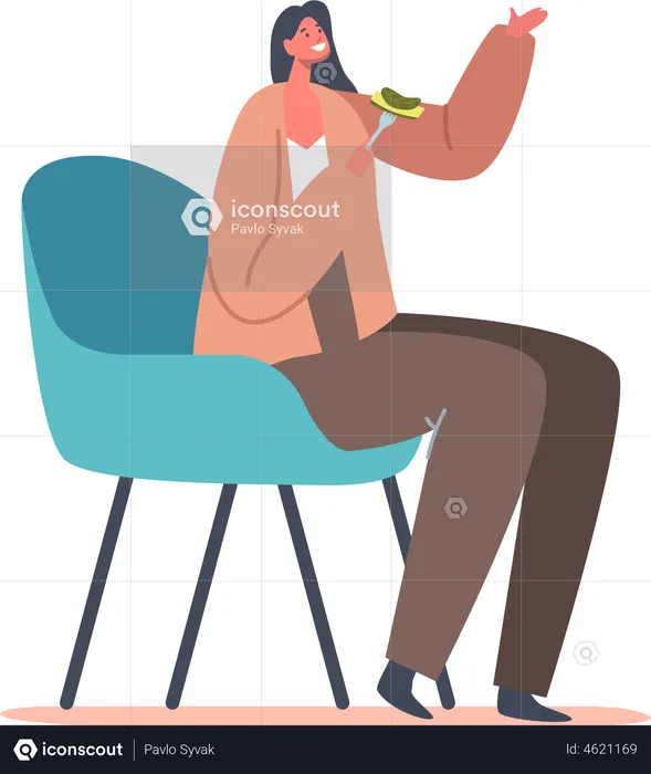 Girl Holding Fork with Piece of Cucumber in Hands  Illustration