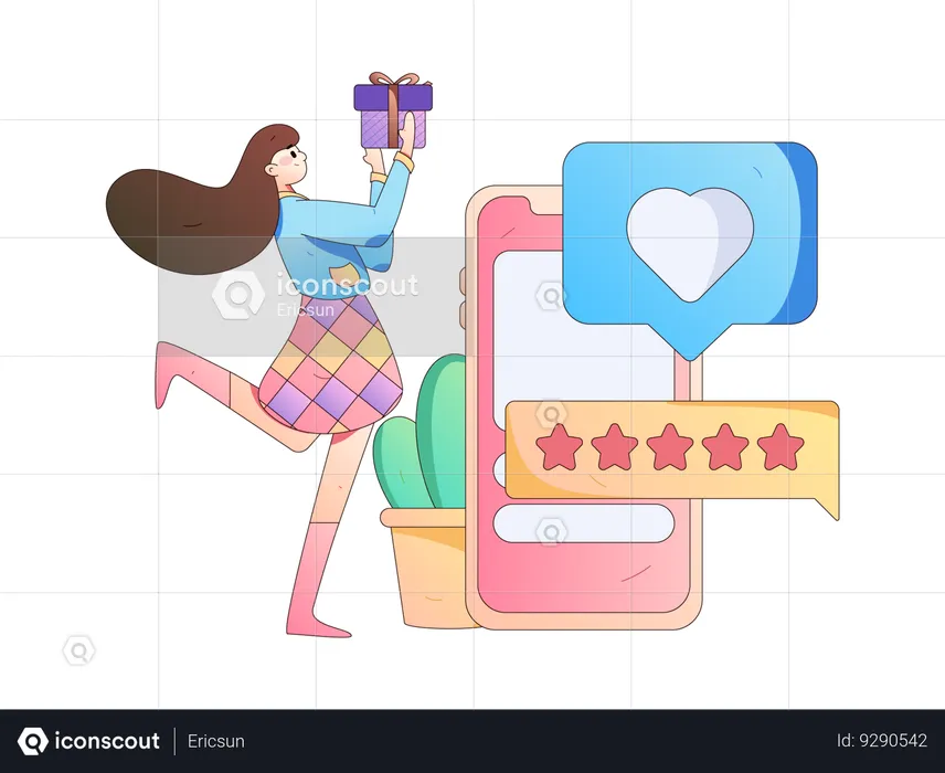 Girl holding gift  while checking online review  Illustration