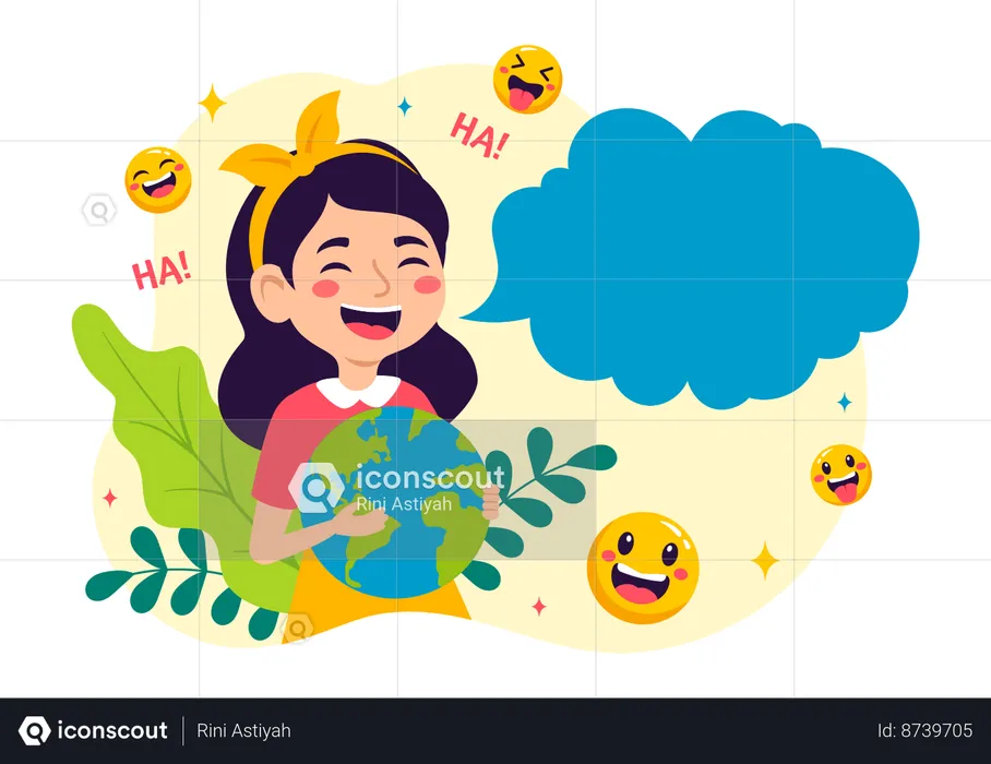 Girl holding globe and laughing  Illustration