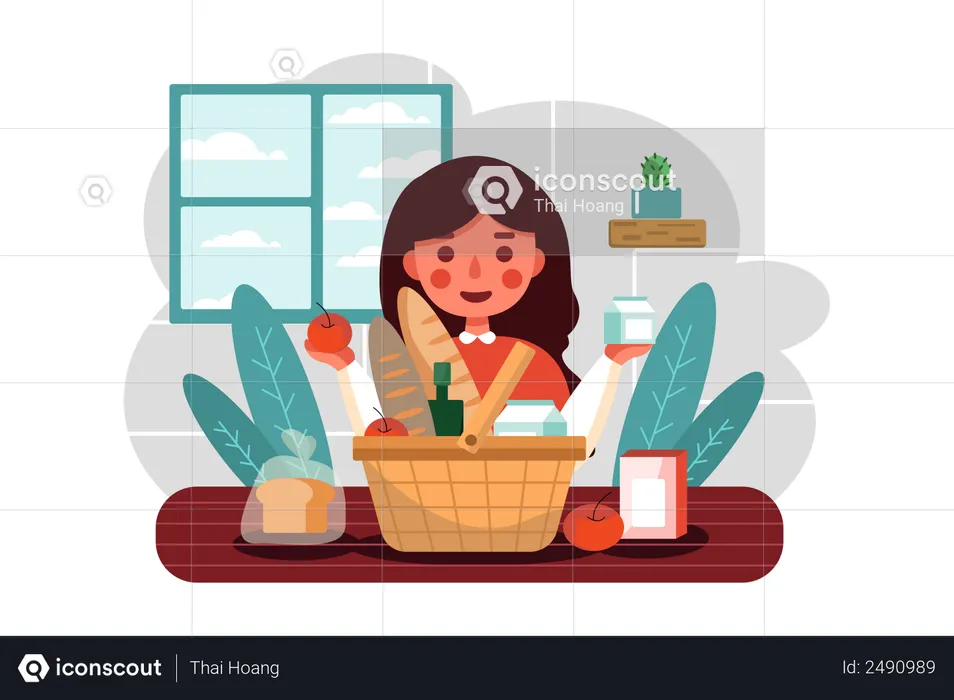 Girl holding groceries  Illustration