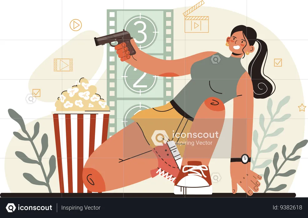 Girl holding gun in action movie  Illustration
