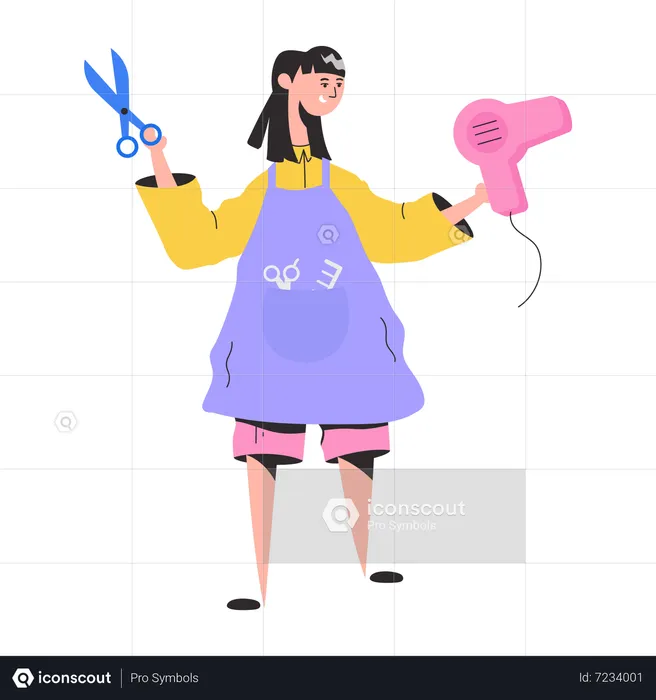 Girl holding hair dryer and scissor  Illustration