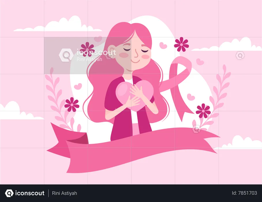 Girl holding heart and support Ribbon for Healthcare Campaign Solidarity  Illustration