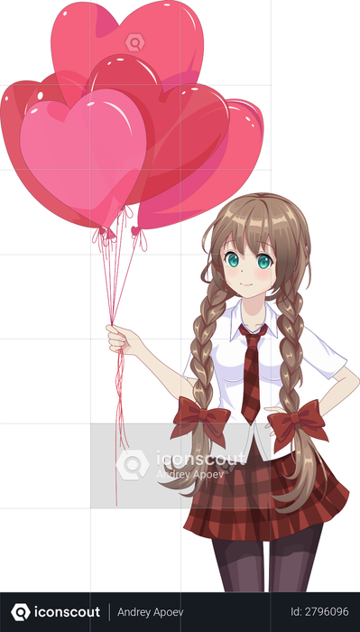 Girl holding heart shaped balloons Illustration