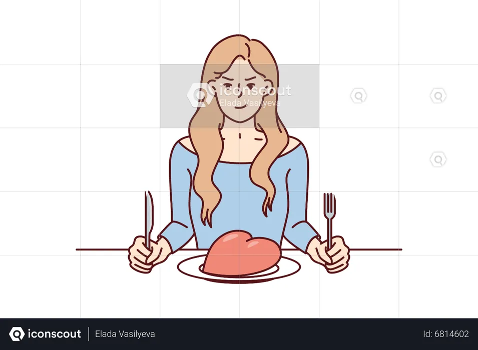 Girl holding knife and fork on dinner table  Illustration