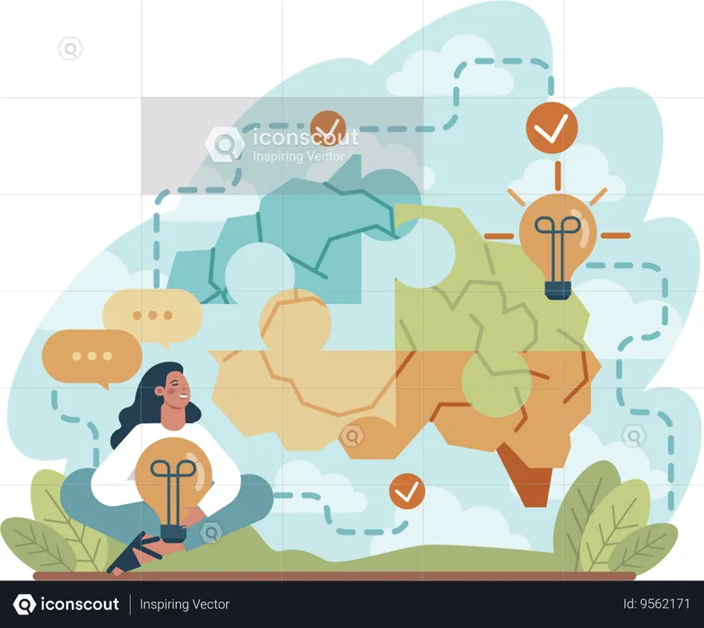 Girl holding light bulb while getting bright idea  Illustration
