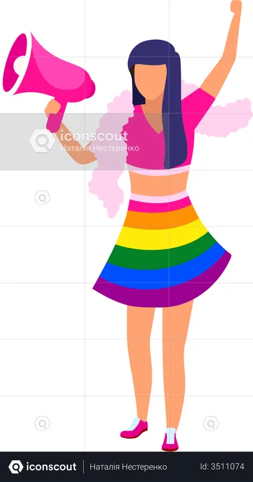 Girl holding loudspeaker wearing rainbow outfit  Illustration