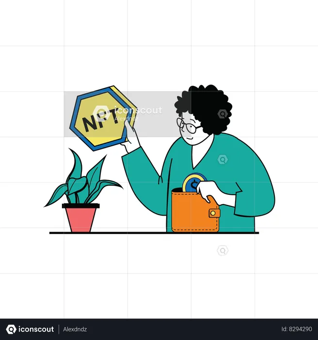 Girl holding nft token  Illustration