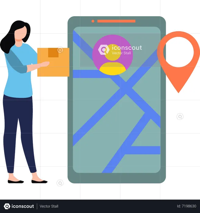Girl holding parcel looking at location on mobile  Illustration