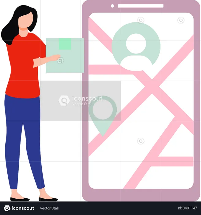 Girl holding parcel looking at location on mobile  Illustration