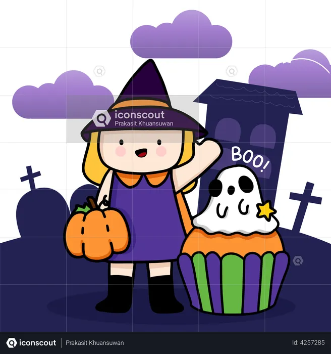 Girl holding pumpkin and celebrating Halloween  Illustration