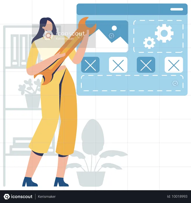 Girl holding spanner while working on website configuration  Illustration