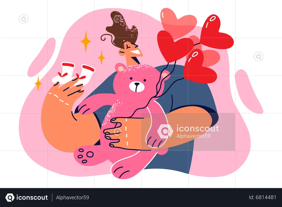 Girl holding teddy bear and balloons  Illustration