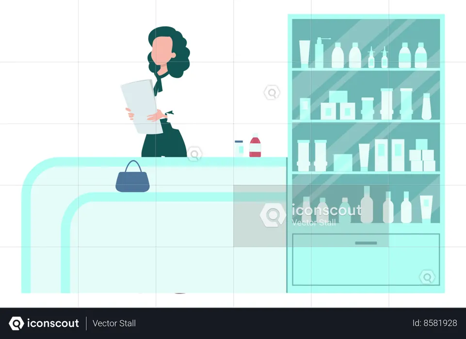 Girl Holding The Paper In Pharmacy  Illustration