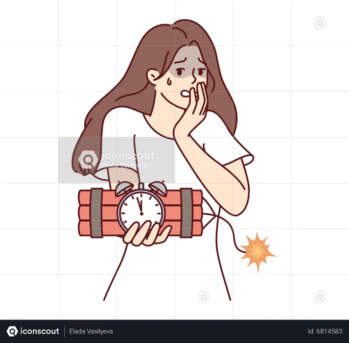 Girl holding time bomb and feeling scary  Illustration