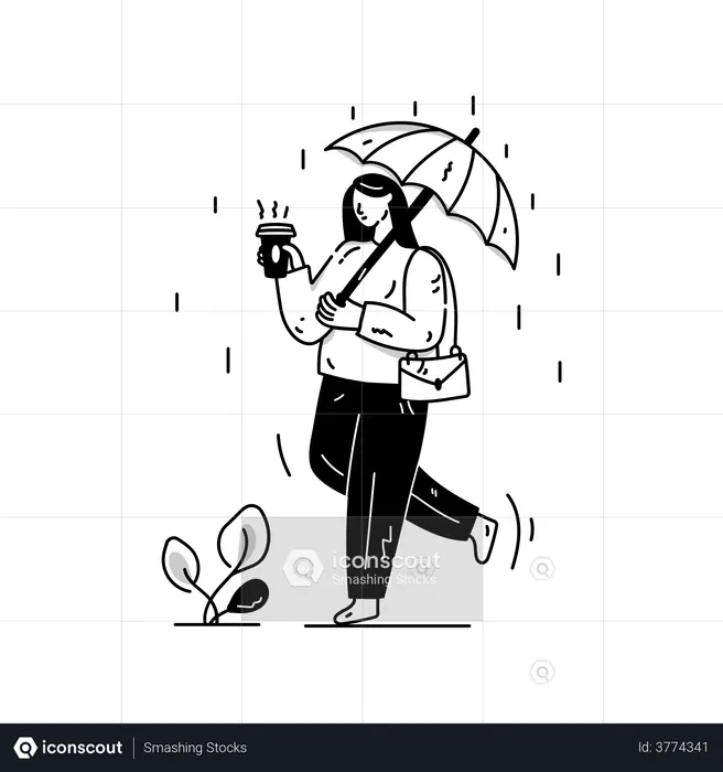Girl holding umbrella in rain  Illustration
